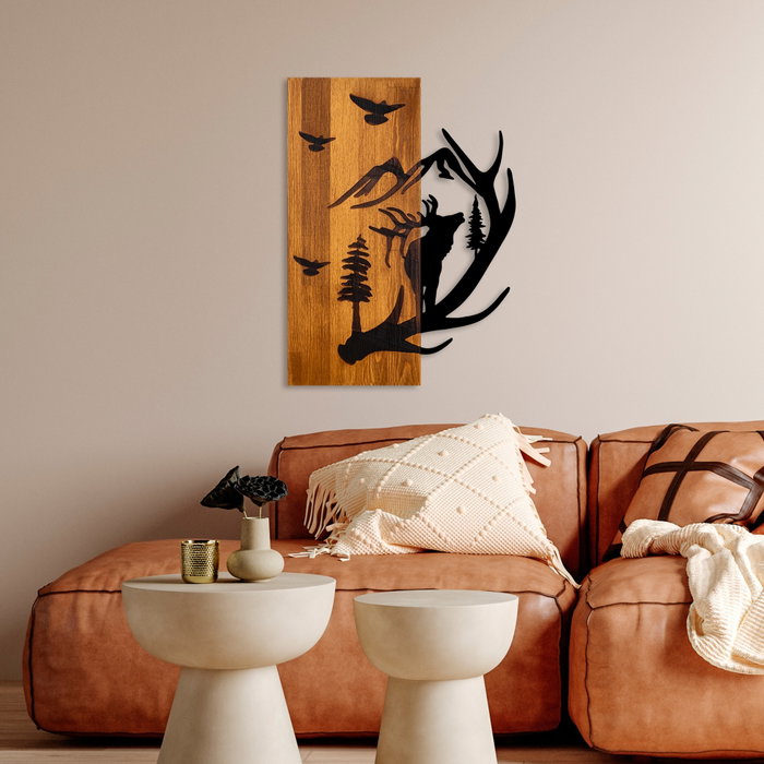 Wallity Deer and Mountain Escultura de pared Nogal y Negro
